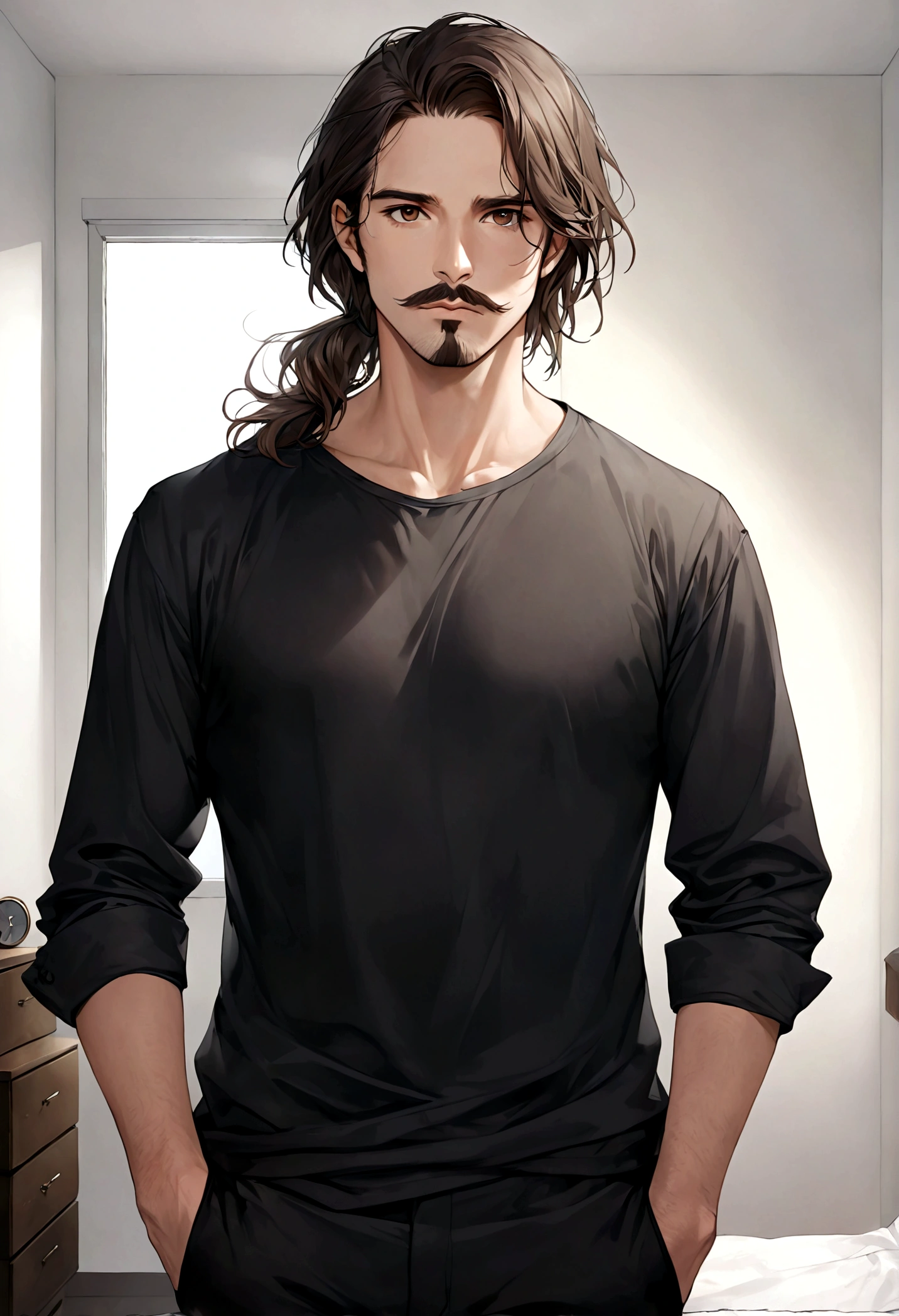 (traje de etiqueta para hombre), ), ((bigote estilo Van Dyke y (barba de chivo) "Van Dyke", Van Dyke beard)), (light brown eyes), Aspecto atractivo y serio, cabello muy largo oscuro, messy hair, Elegante y con estilo, Camiseta de cuerpo fuerte , Un hombre similar al actor Jim Morrison con el cabello largo, ((cabello muy largo)) (Imagen realista y de alta calidad), Apartamento escandinavo en el fondo simple de un cuarto, ((La mejor calidad, 8K, obra maestra).((pose dinamica))