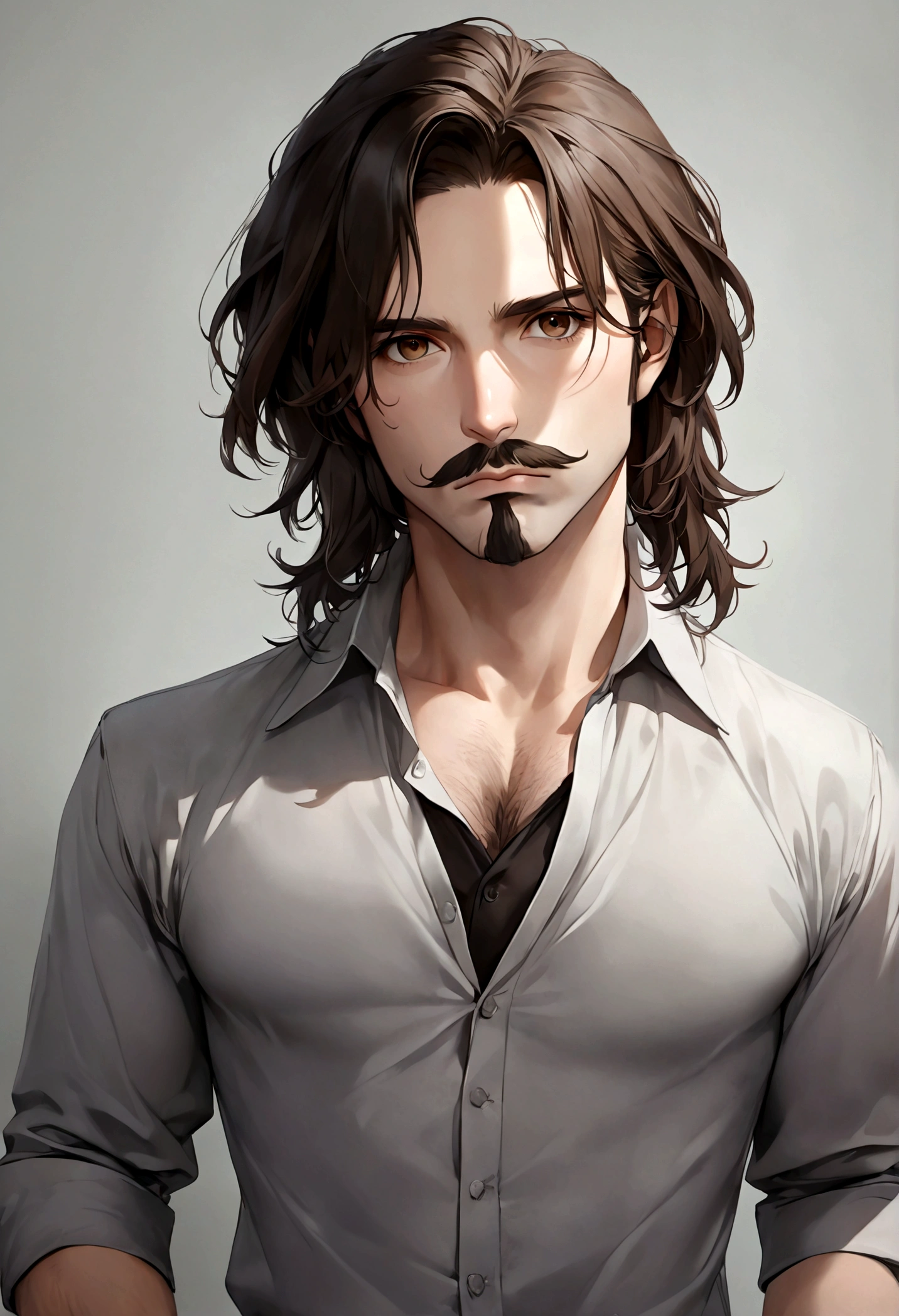 (traje de etiqueta para hombre), ), ((bigote estilo Van Dyke y (barba de chivo) "Van Dyke", Van Dyke beard)), (light brown eyes), Aspecto atractivo y serio, cabello muy largo oscuro, messy hair, Elegante y con estilo, Camiseta de cuerpo fuerte , Un hombre similar al actor Jim Morrison con el cabello largo, ((cabello muy largo)) (Imagen realista y de alta calidad), Apartamento escandinavo en el fondo simple de un cuarto, ((La mejor calidad, 8K, obra maestra).((pose dinamica))