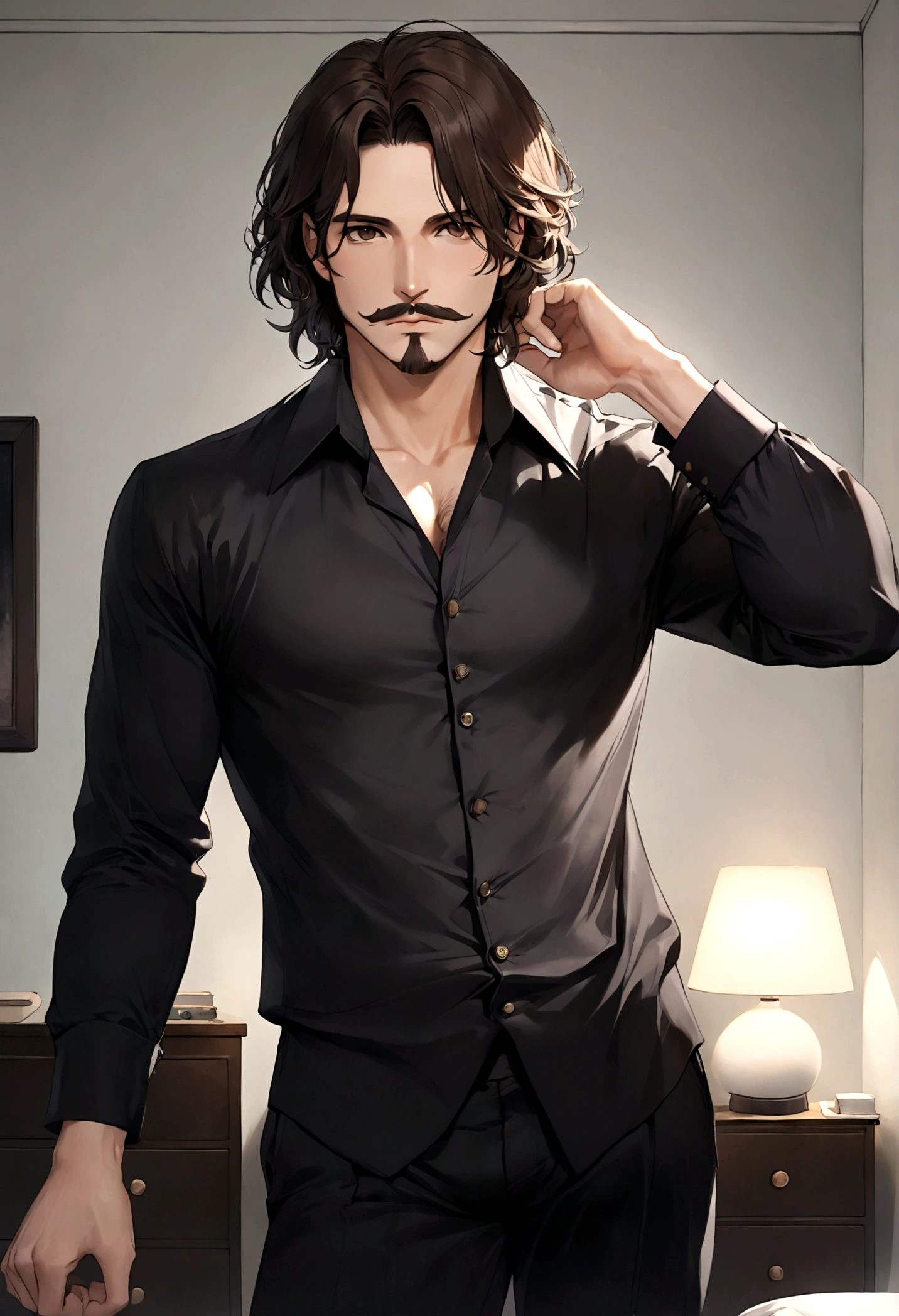 (traje de etiqueta para hombre), ), ((bigote estilo Van Dyke y (barba de chivo) "Van Dyke", Van Dyke beard)), (light brown eyes), Aspecto atractivo y serio, cabello muy largo oscuro, messy hair, Elegante y con estilo, Camiseta de cuerpo fuerte , Un hombre similar al actor Jim Morrison con el cabello largo, ((cabello muy largo)) (Imagen realista y de alta calidad), Apartamento escandinavo en el fondo simple de un cuarto, ((La mejor calidad, 8K, obra maestra).((pose dinamica))