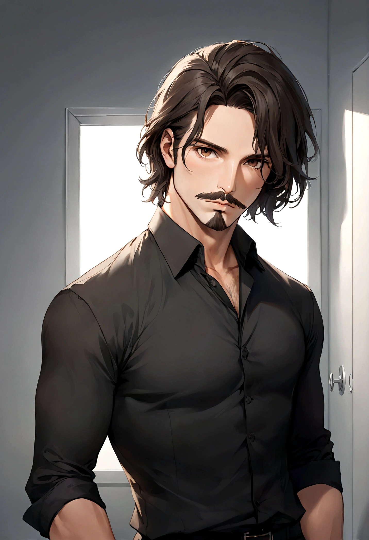 (traje de etiqueta para hombre), ), ((bigote estilo Van Dyke y (barba de chivo) "Van Dyke", Van Dyke beard)), (light brown eyes), Aspecto atractivo y serio, cabello muy largo oscuro, messy hair, Elegante y con estilo, Camiseta de cuerpo fuerte , Un hombre similar al actor Jim Morrison con el cabello largo, ((cabello muy largo)) (Imagen realista y de alta calidad), Apartamento escandinavo en el fondo simple de un cuarto, ((La mejor calidad, 8K, obra maestra).((pose dinamica))