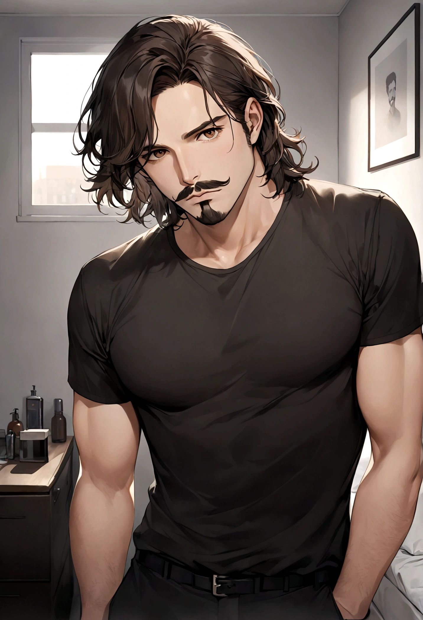 (traje de etiqueta para hombre), ), ((bigote estilo Van Dyke y (barba de chivo) "Van Dyke", Van Dyke beard)), (light brown eyes), Aspecto atractivo y serio, cabello muy largo oscuro, messy hair, Elegante y con estilo, Camiseta de cuerpo fuerte , Un hombre similar al actor Jim Morrison con el cabello largo, ((cabello muy largo)) (Imagen realista y de alta calidad), Apartamento escandinavo en el fondo simple de un cuarto, ((La mejor calidad, 8K, obra maestra).((pose dinamica))