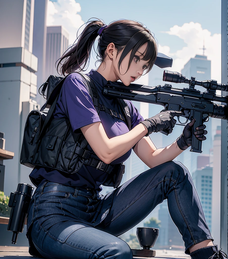 1girl, solo, short hair, skirt, shirt, gloves, white background, bow, holding, , purple eyes, white shirt, weapon, purple hair, pleated skirt, shoes, black gloves, socks, bowtie, holding weapon, gun, sneakers, holding gun, armband, rifle, grey skirt, headset, assault rifle, grey gloves, load bearing vest