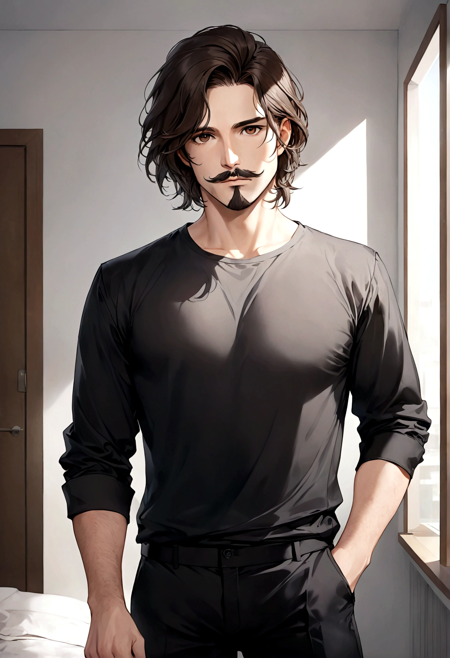 (traje de etiqueta para hombre), ), ((bigote estilo Van Dyke y (barba de chivo) "Van Dyke", Van Dyke beard)), (light brown eyes), Aspecto atractivo y serio, cabello muy largo oscuro, messy hair, Elegante y con estilo, Camiseta de cuerpo fuerte , Un hombre similar al actor Jim Morrison con el cabello largo, ((cabello muy largo)) (Imagen realista y de alta calidad), Apartamento escandinavo en el fondo simple de un cuarto, ((La mejor calidad, 8K, obra maestra).((pose dinamica))