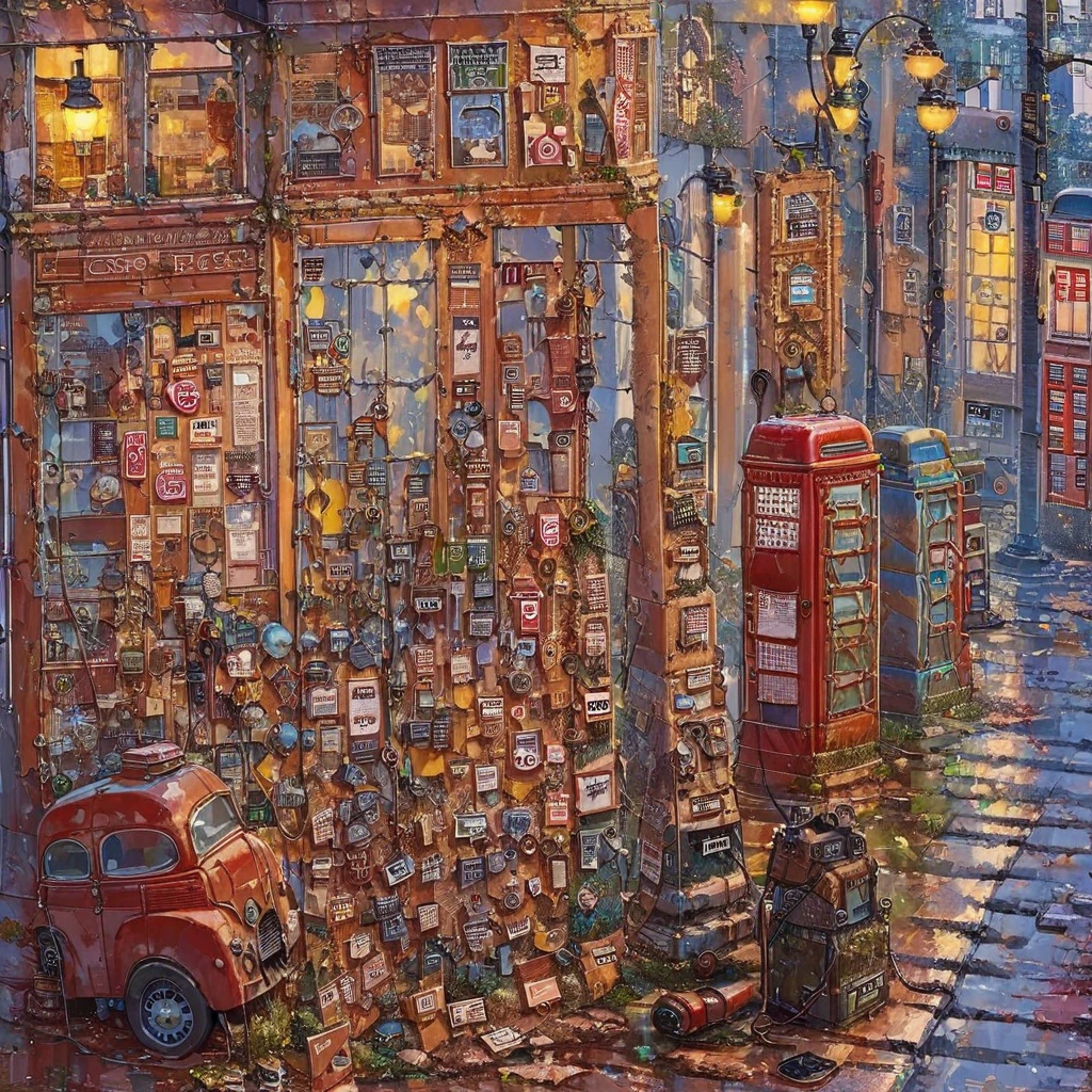 ((anime:1.4,illustration)),(masterpiece, top quality, best quality),(ultra-detailed, absolutely resolution),((16k, high res)),
(((retro street scene. The setting should depict a nostalgic cityscape from the 1950s, featuring cobblestone streets and vintage buildings. The architecture should include brick and stone facades, with charming storefronts displaying period-specific signage and window displays. Include elements like old-fashioned lampposts, telephone booths, and vintage cars parked along the street))),
((anime:1.4,illustration)),(masterpiece, top quality, best quality),(ultra-detailed, absolutely resolution),((16k, high res))
BREAK {lofi art, style of Laurie Greasley, style of Makoto Shinkai, anime aesthetic},
BREAK { (produces images with information than 40 million pixels with cinematic-like detailed textures shot on a Sony SLR).}
