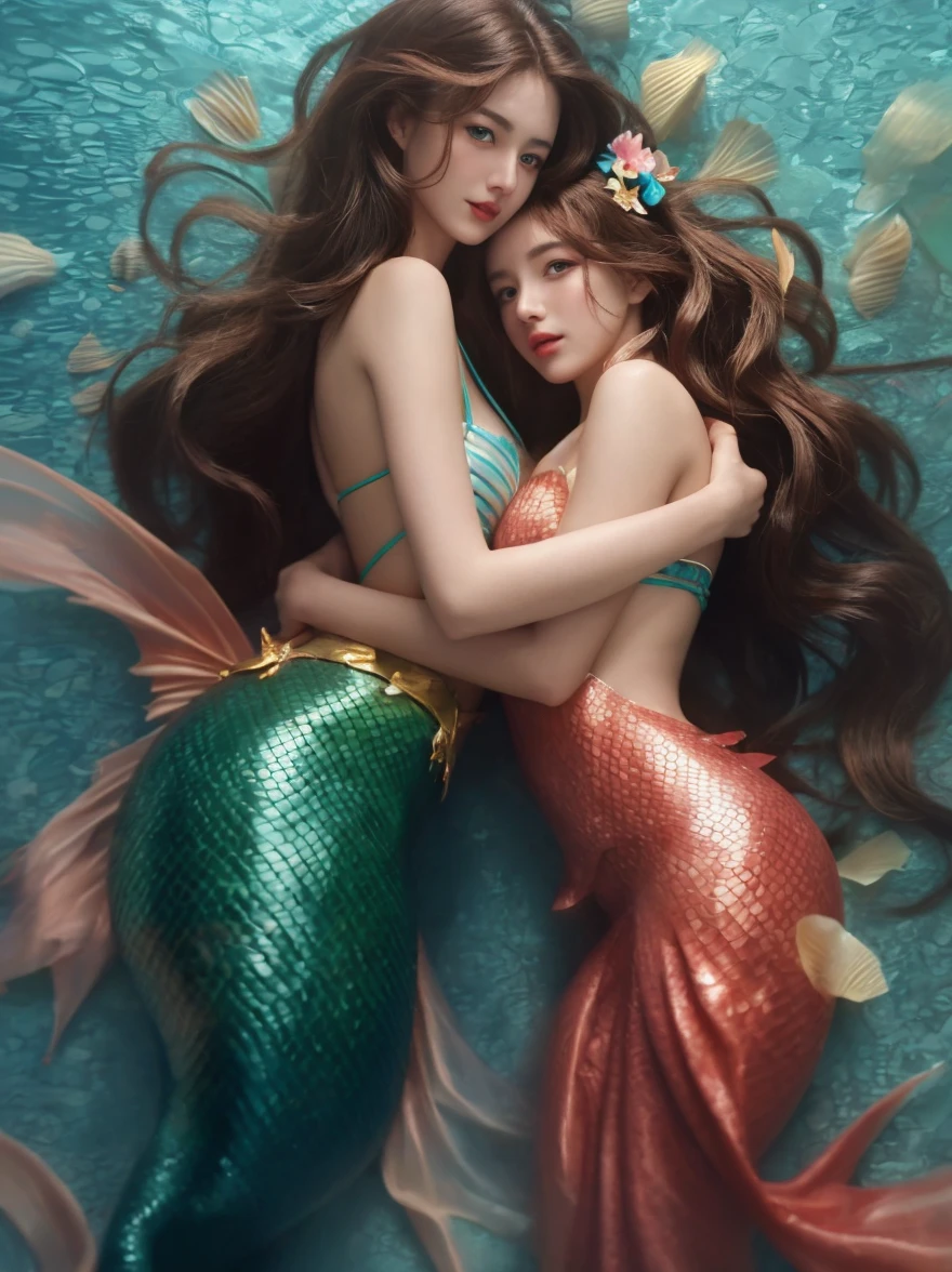 A captivating underwater scene with a mermaid and a human embracing each other, surrounded by vibrant coral and schools of fish. Themermaid's tail glimmers with iridescent scales, and the human has a flowing, translucent outfit that blends with the water. The background shows a vast ocean with a golden sunset, symbolizing the journey they've undertaken to find each other. The overall atmosphere evokes a sense of deep connection, healing, and the power of love overcoming obstacles.