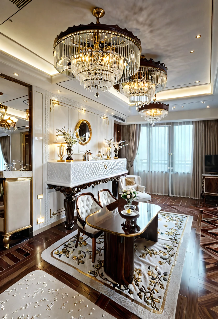 ,Masterpiece, Best quality,8K, Ultra-high resolution,When you step into the dinning room of restaurant room,Immediately surrounded by a rich atmosphere of luxury。Ornate crystal chandeliers hang high on the wall,Shine brightly。the space  was covered with a soft white fluffy blanket,It is so comfortable,So much so that you can't help but indulge in it。Embellished with precious porcelain and white-off gold ornaments。Whenever it is late afternoon,The afterglow from the window spilled on the floor,Soft light and shadow are reflected,It was as if entering a dreamland. ((Wooden chair and table : 1.3)), MIRROR COVER THE COLUMN