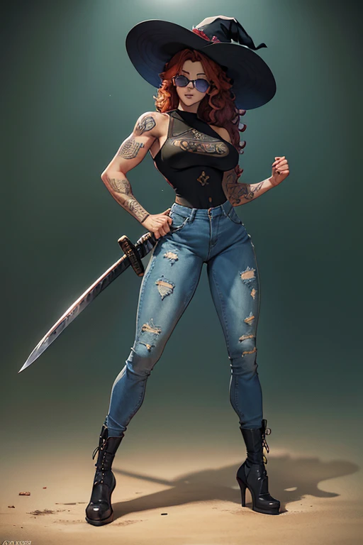 Red Head Girl with curly hair and tattoos of roses in shoulders and forearms,(((Full Body))) wearing blue top and jeans, (((squattng))), sunglasses, carrying a katana. ((Sexy legs)) She has one eye of each color: Green on The light, blue on The left. Witch/Celtic wearstyle, in Brazil. The scene should be in Cinematic's distinctive real life style, focusing on the characters' expressions, colors naturals and detailed textures characteristic of the animations.