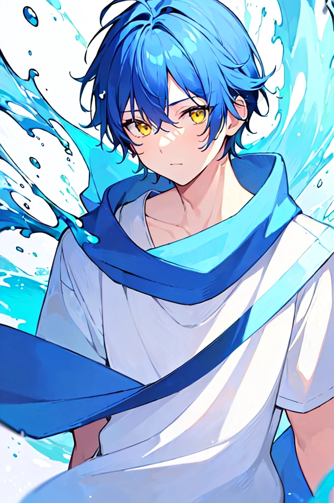 [(WHITE BACKGROUND:1.5),::5], ((((masterpiece)))), high quality, very_high_resolution, large_filesize, upper body, full color, ((Solo)), ((little boy)), 13 old year, men's short deepblue hair, vivid color, ((yellow eye)), Summer clothes white, animestyle, (NeonSoda Splash effect:1.3)