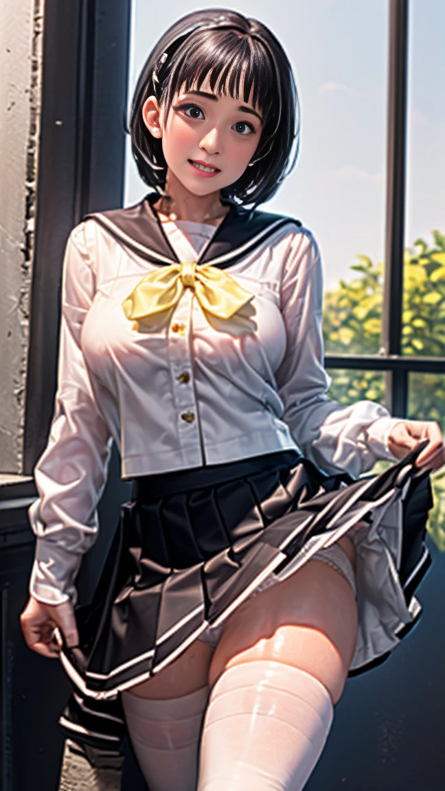 highest quality,masterpiece,8k,((((One girl)))),((Big Breasts:1.3)),orgasm,blush,Sweat,Twelve Zodiac Signs_Soon,Black Hair,short hair,((serafuku,White shirt,Black Skirt,mini skirt,Lift up your skirt,Under the skirt,White panties,Black knee socks:1.3))