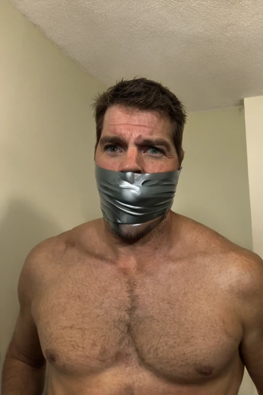 middle-aged handsome man half body, hairy chest, naked, short brown hair, stubble, facial hair, tape wrapped, wrap gag, tightly bound, tape wrapped around face