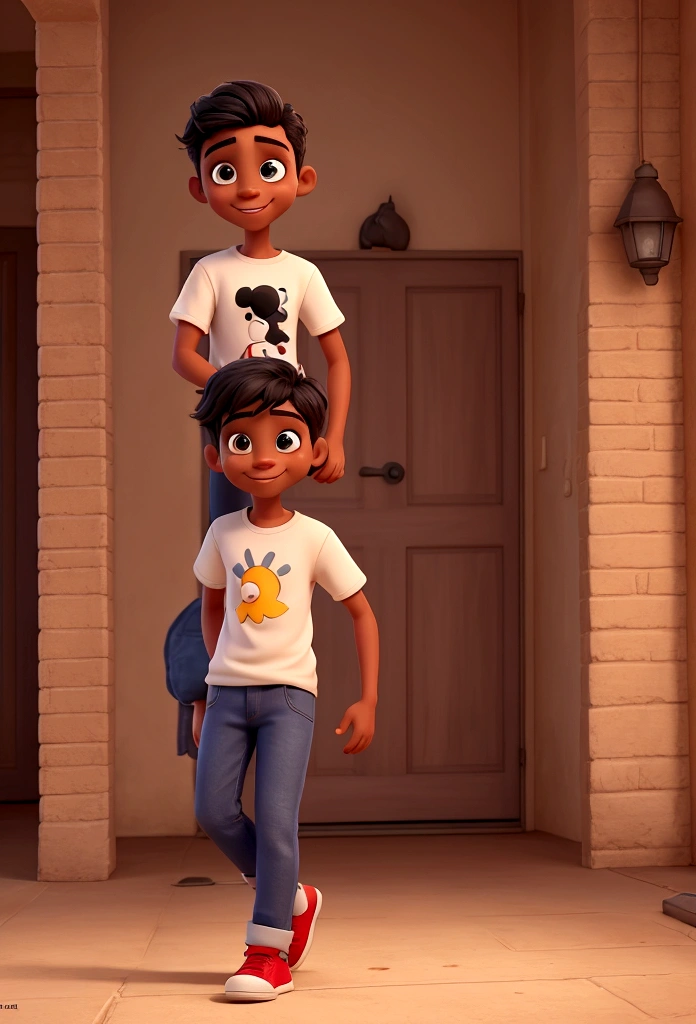 a man with dark skin, short black hair, tall, dancing, dressed in a t-shirt and jeans, very happy, dancing,
disney style