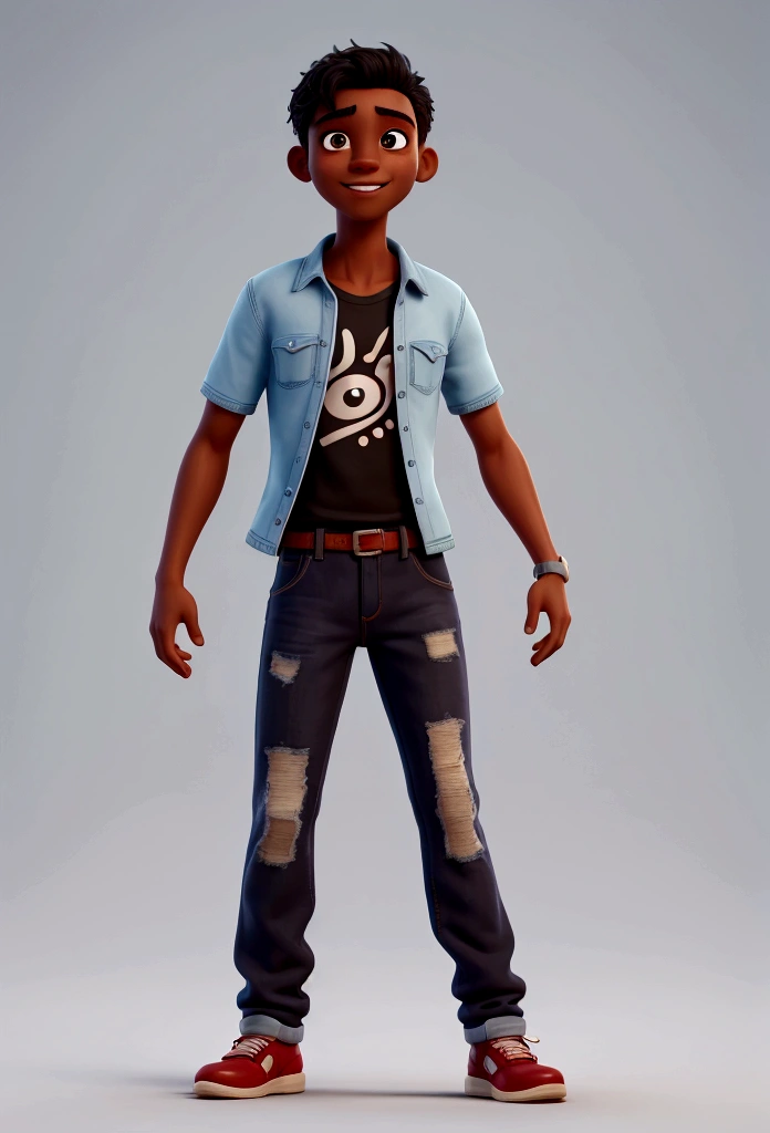 a man with dark skin, short black hair, tall, dancing, dressed in a t-shirt and jeans, very happy, dancing, 
disney style