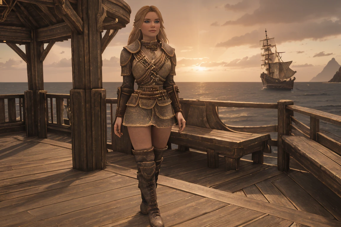 A stunning female Breton maiden stands poised on the weathered deck of a majestic ship at sunset in Skyrim. Her porcelain skin glows softly, illuminated by the warm rays of the rising sun. Delicate features and raven tresses frame her enigmatic smile as she gazes out to sea, the wind gently tousling her locks, (((wearing short natural leather skirt and high boots))), blonde hair