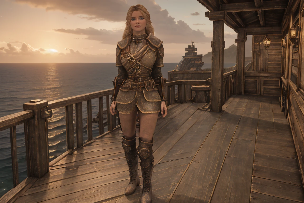 A stunning female Breton maiden stands poised on the weathered deck of a majestic ship at sunset in Skyrim. Her porcelain skin glows softly, illuminated by the warm rays of the rising sun. Delicate features and raven tresses frame her enigmatic smile as she gazes out to sea, the wind gently tousling her locks, (((wearing short natural leather skirt and high boots))), blonde hair