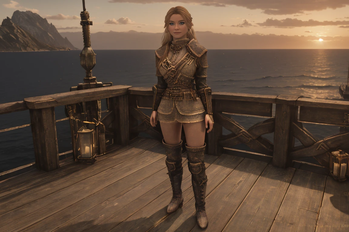 A stunning female Breton maiden stands poised on the weathered deck of a majestic ship at sunset in Skyrim. Her porcelain skin glows softly, illuminated by the warm rays of the rising sun. Delicate features and raven tresses frame her enigmatic smile as she gazes out to sea, the wind gently tousling her locks, (((wearing short natural leather skirt and high boots))), blonde hair