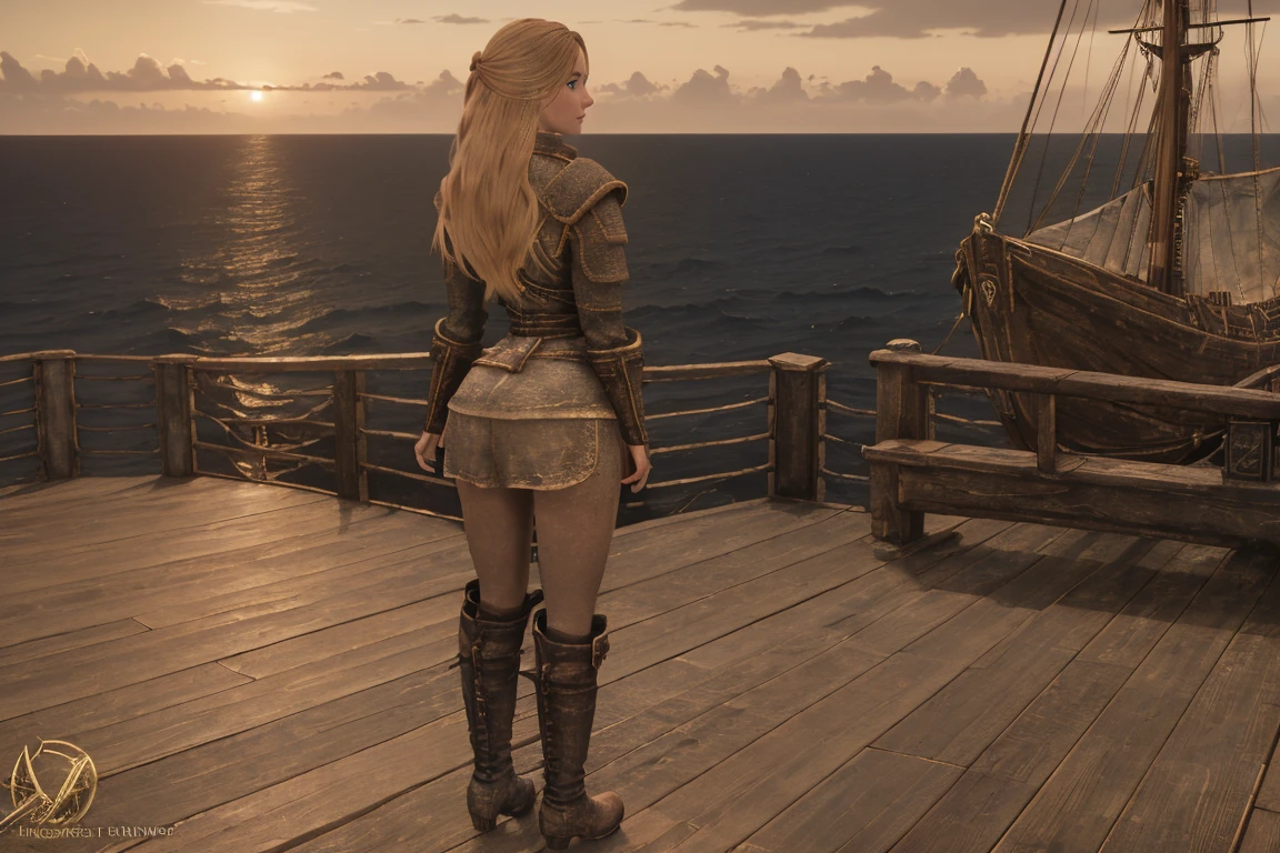 A stunning female Breton maiden stands poised on the weathered deck of a majestic ship at sunset in Skyrim. Her porcelain skin glows softly, illuminated by the warm rays of the rising sun. Delicate features and raven tresses frame her enigmatic smile as she gazes out to sea, the wind gently tousling her locks, (((wearing short natural leather skirt and high boots))), blonde hair