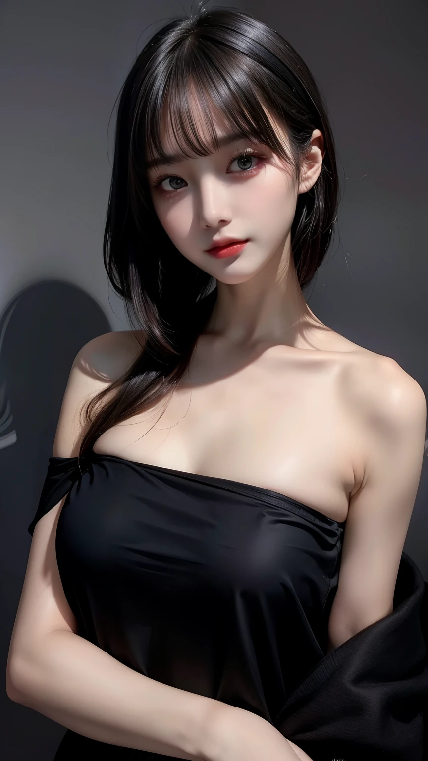 highest quality, masterpiece, ultra high resolution, (realistic:1.5), RAW photo, 1 girl, off shoulder, in the dark, deep shadow, discreet key, cold light, sexy look, Black shorthair、shadow、sexy body