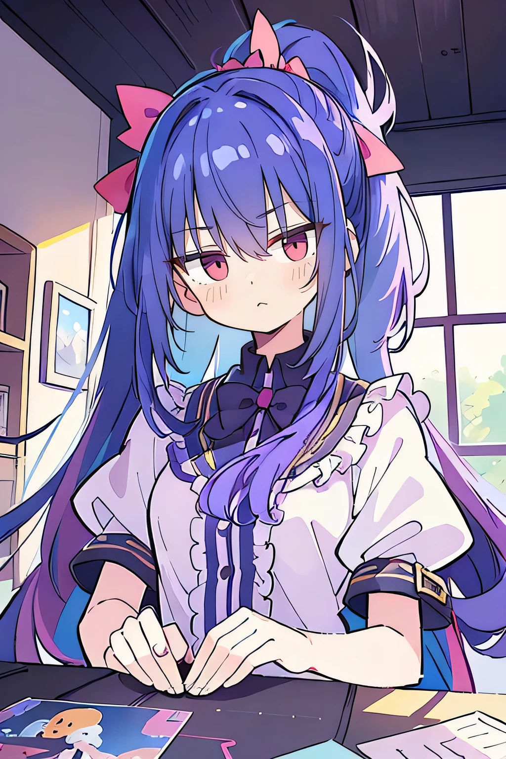 (Best Quality: 1.3), (Masterpiece: 1.3), (Illustration: 1.3), (Ultra Detailed: 1.3), (Imide Lens: 0.9), 1girl, , Purple Eyes, ((Dark Blue Hair) ), hair accessories, young, clothing-gladiia, long hair, dark blue hair, indoors, black shorts, high socks, low ponytail, expressionless, upper body, close-up, coat, skirt,