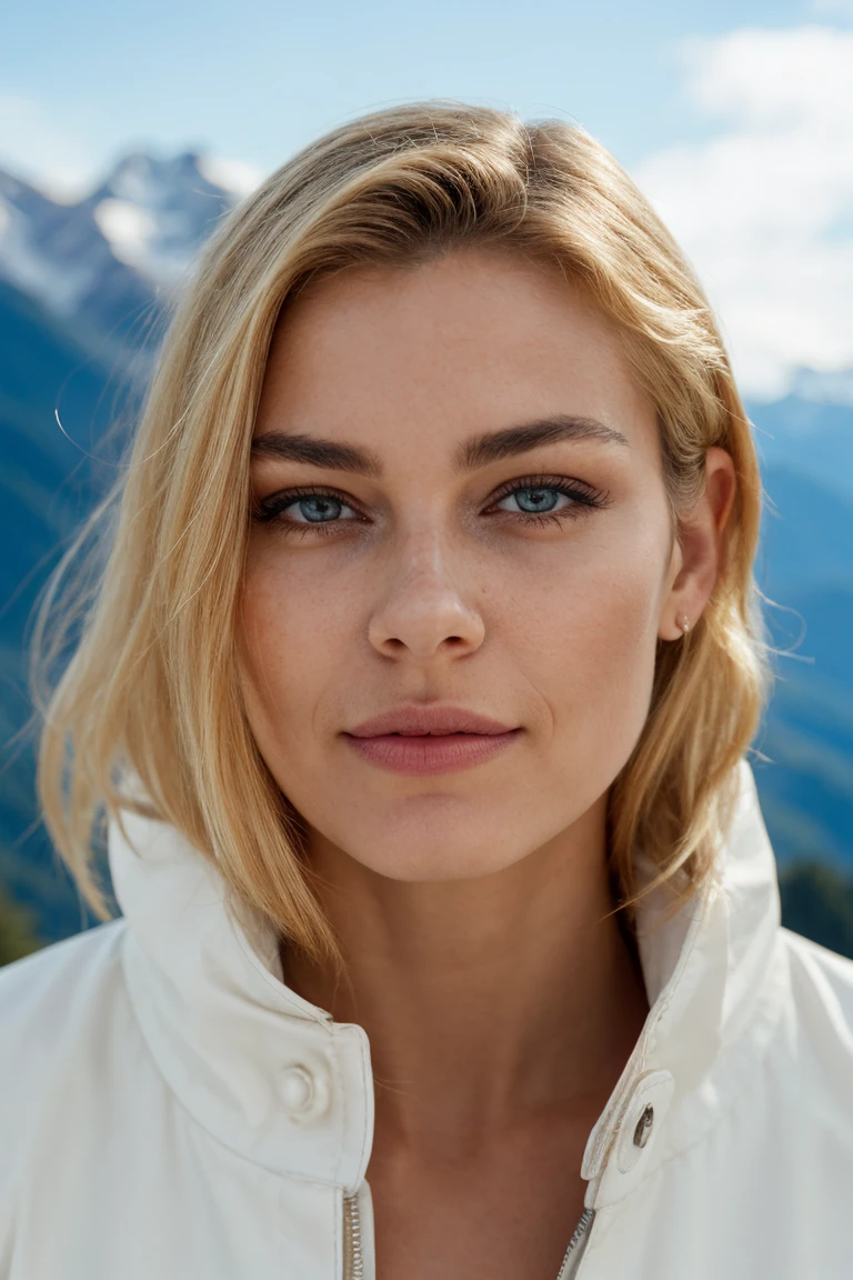 (A woman posing wearing a white laced coat), photo réaliste du corps, dans les montagnes enneigées en hiver, montagnes des alpes enneigées々々Dans le contexte de, The front slightly open, soutien-gorge et culotte transparents blancs, In front of the camera, (sein naturel), Charme, cheveux blonds raides, textures de peau réalistes, hyperdetailed face, highly detailed thick lips, nez ultra detaillé, beau visage, (Expression cool et yeux puissants), anatomie parfaite, fille en forme, regarder la caméra, Walk towards the camera, facing the'avant, hanche forte, Hanches larges, femmes de 25 ans, belles mains, lingerie sexy, porte-jarretelles, cuisses cuisses cuisses cuisses, strap, photorealistic, indirect lighting, volumetric light, Laser trace, super detailed, Best quality, ultra haute résolution, hdr, (8k, Best quality, chef-d'artwork:1.2), ultra detail, Photo brute, Super resolution, photo professionnelle, extremely detailed and beautiful, professional lighting,