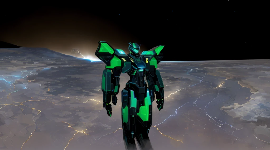 a black colored male transformer with green inserts, symmetrically arranged green parts, on the frontof the body not transparent cabin, on the back - aircraft's wings, arms from elbows to hands look like the front part of a aircraft, wheels are visible on the shoulders, on the legs from knees to the ankle there are aircraft's repulsors and small aircraft's tail wings, no helmet, light blue eyes, two legs, two arms, not a suit, on a background there is an empty dark blue metal desert, no buildings, no structures, dark blue storm clouds, light blue lightning from the clouds, blue river, river to the horizon, electrified river, light blue lightning from the river, space sky, stars in the sky, composition on the metal planet, big metalic planet, dark-blue metal, shiny metal, cybertron, mechanical planet, empty wasteland, dark blue storm clouds, light blue lightning from clouds, blue river, river to horizon, electrized river, light blue lightning from river, space sky, stars on the sky, realistic, watercolor, 4k, high quality, hight attention to details, concept art, concept art by Chris Mowry.
