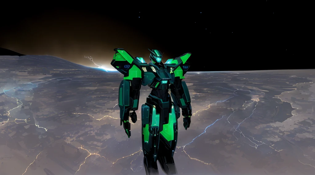 a black colored male transformer with green inserts, symmetrically arranged green parts, on the frontof the body not transparent cabin, on the back - aircraft's wings, arms from elbows to hands look like the front part of a aircraft, wheels are visible on the shoulders, on the legs from knees to the ankle there are aircraft's repulsors and small aircraft's tail wings, no helmet, light blue eyes, two legs, two arms, not a suit, on a background there is an empty dark blue metal desert, no buildings, no structures, dark blue storm clouds, light blue lightning from the clouds, blue river, river to the horizon, electrified river, light blue lightning from the river, space sky, stars in the sky, composition on the metal planet, big metalic planet, dark-blue metal, shiny metal, cybertron, mechanical planet, empty wasteland, dark blue storm clouds, light blue lightning from clouds, blue river, river to horizon, electrized river, light blue lightning from river, space sky, stars on the sky, realistic, watercolor, 4k, high quality, hight attention to details, concept art, concept art by Chris Mowry.