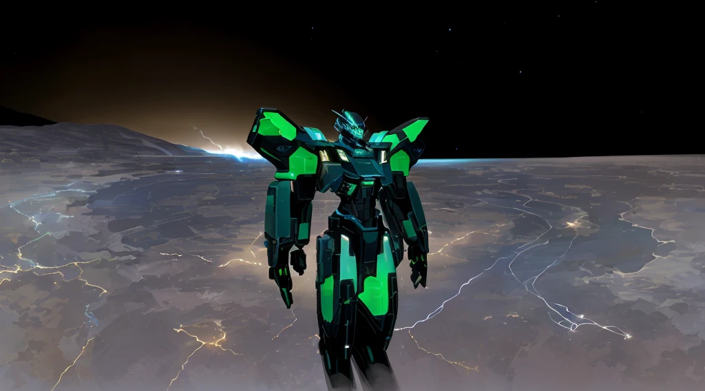 a black colored male transformer with green inserts, symmetrically arranged green parts, on the frontof the body not transparent cabin, on the back - aircraft's wings, arms from elbows to hands look like the front part of a aircraft, wheels are visible on the shoulders, on the legs from knees to the ankle there are aircraft's repulsors and small aircraft's tail wings, no helmet, light blue eyes, two legs, two arms, not a suit, on a background there is an empty dark blue metal desert, no buildings, no structures, dark blue storm clouds, light blue lightning from the clouds, blue river, river to the horizon, electrified river, light blue lightning from the river, space sky, stars in the sky, composition on the metal planet, big metalic planet, dark-blue metal, shiny metal, cybertron, mechanical planet, empty wasteland, dark blue storm clouds, light blue lightning from clouds, blue river, river to horizon, electrized river, light blue lightning from river, space sky, stars on the sky, realistic, watercolor, 4k, high quality, hight attention to details, concept art, concept art by Chris Mowry.