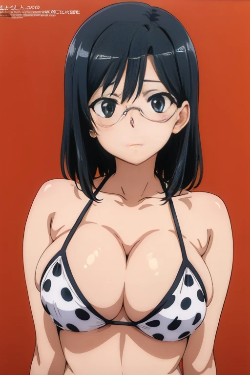 (anime cels style, megami magazine, poster  style, best quality, high resolution, sharp image, 8k, photorealistic), (beautiful eyes, beautiful face), Konori Mii, glasses, (black medium hair), blush, (huge breasts), polka dot bikini, (upper body, standing), simple background, (perfect dateled anatomy, perfect body, perfect arms, perfect fingers, shiny skin)