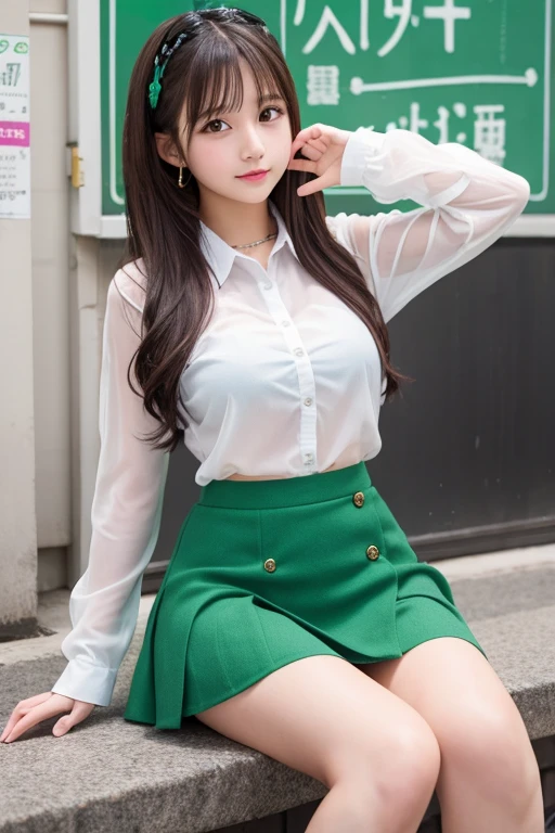 Cute Girls、Idol、high school girl、See-through、Green mini skirt、sit