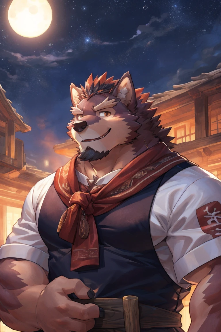 human nature, cannon, male, Solitary, ((Round Face, Handsome,Orange eyes,A small amount of black beard)), ((Endomorph, Handsome，Handsome的)), (Leisure装，White sportswear), ((domestic 狼，Wolf Orc，Demon King), (At the training ground), Bokeh, (high quality, high resolution, Masterpiece 1.2), （Natural fill light，Rich colors，), (Generous smile，full，Leisure), (Face focus), Full body picture (close up), cartoon, author：Takemoto Arashi, by zixiong, By Chunni, author：Empty Ghost，（background：Mountain jungle stream 1.5），，Glow，evening，Starry Sky，Auspicious Clouds，background丰富详细