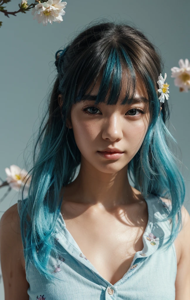 (masterpiece), (best quality), (ultra detailed),(disheveled hair),(illustration), (1girl), (Fashionable clothing), standing, Fashion model, looking at viewer, (interview), (simple background),beautiful detailed eyes, delicate beautiful face, Floating,(high saturation),(colorful splashes),colorful bubble,(shining), focus on face, ponytail, kamisato ayaka, light blue hair, bangs, hair ring, floating flowers, floating hairs, (shining), best lighting, best shadow,