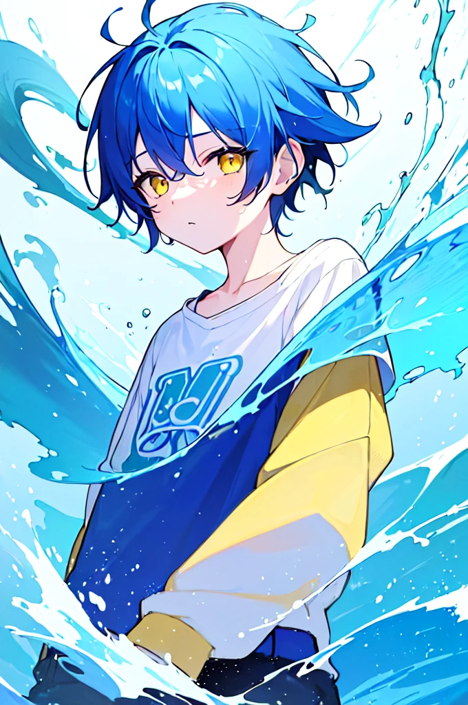 [(WHITE BACKGROUND:1.5),::5], ((((masterpiece)))), high quality, very_high_resolution, large_filesize, upper body, full color, ((Solo)), ((little boy)), 13 old year, short deepblue hair, vivid color, ((yellow eye)), Summer clothes white, animestyle, (NeonSoda Splash effect:1.3)