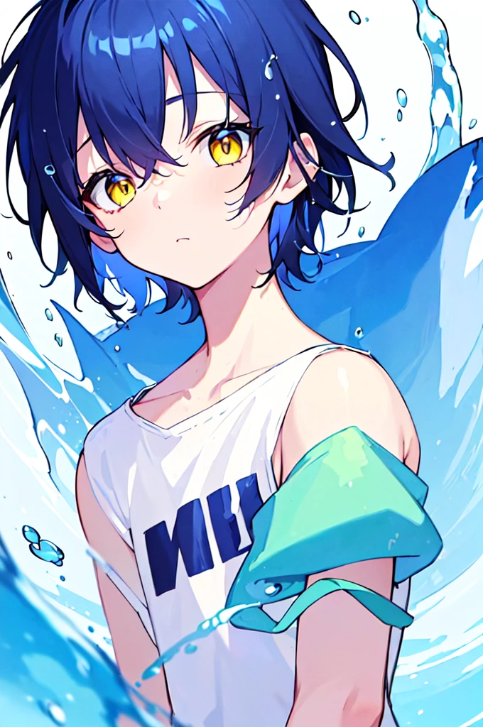 [(WHITE BACKGROUND:1.5),::5], ((((masterpiece)))), high quality, very_high_resolution, large_filesize, upper body, full color, ((Solo)), (( boy)), 13 oldt deepblue hair, vivid color, ((yellow eye)), Summer clothes white, animestyle, (NeonSoda Splash effect:1.3)