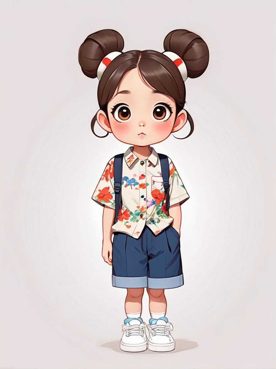 (masterpiece, highest quality:1.2), Cartoon style character design。1 girl, alone，Big eyes，Cute expression，Two buns hair，Floral Shirt，Work clothes，White sneakers，stand，interesting，interesting，Clean Lines，Solid color background，background color#FFFFFF，A cute little kitten