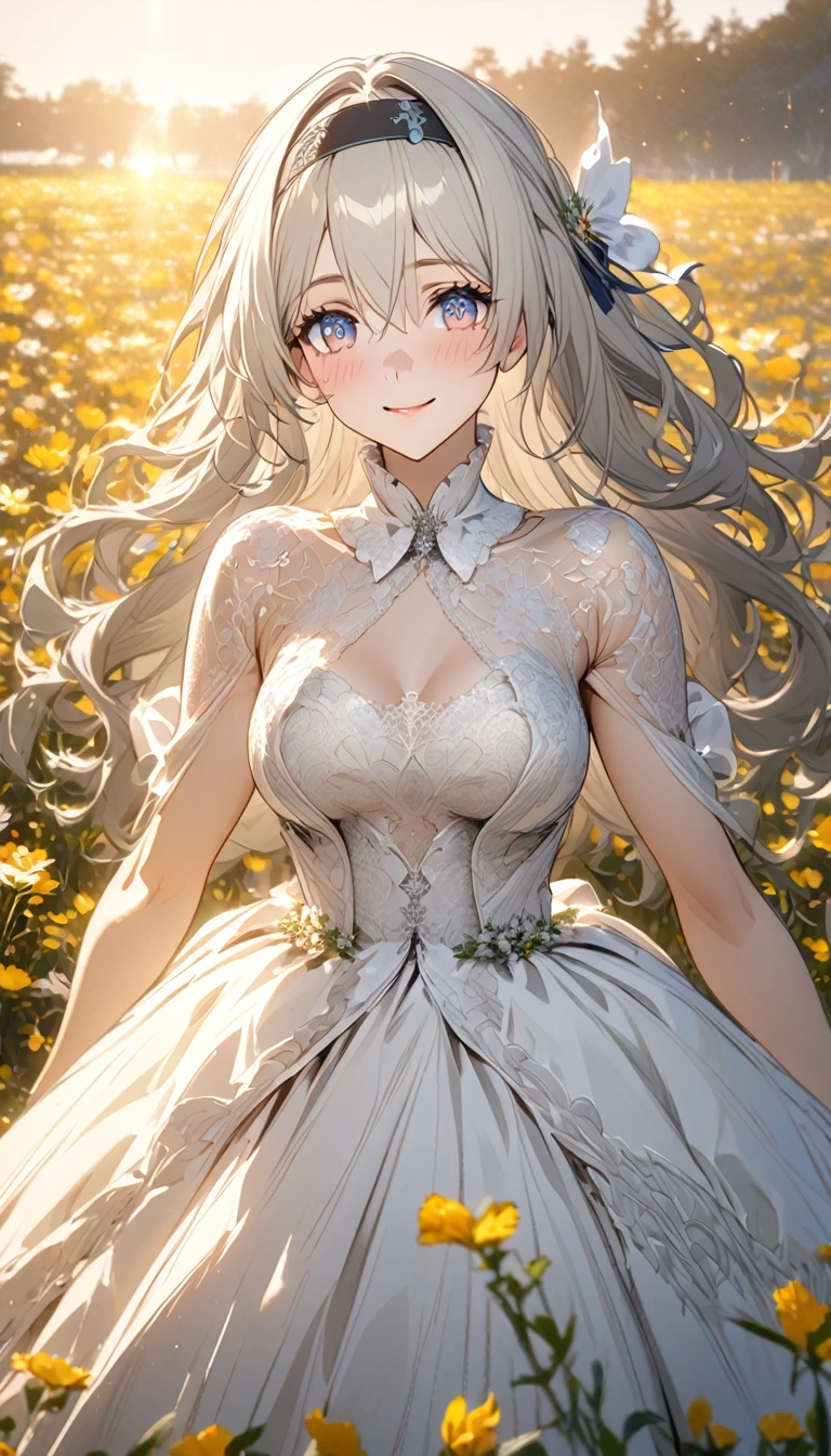 beautiful girl, long grey hair, beautiful face,smiling,close up to hips, beautiful breast, in the middle of flowers field, wearing beautiful wedding dress, (open mouth:0.4),illustration,detailed textures(realists),ultra-detailed,portrait style,vivid colors,soft lighting, blushing, mature, hair fluttering, evening light , head band, keyhole cleavages , no bras