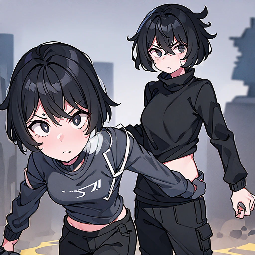 Female, black short hair, Indifferent eyes, messy hair, black Jacket, black pants, Wear a white t-shirt, alone, cold face, at night, black eyes, normal person, stand still, 