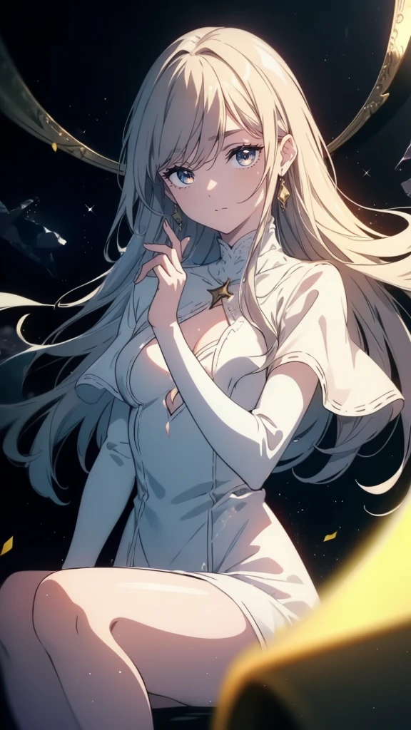 ((((Obra maestra, La mejor calidad, ultrahigh resolution)))), sitting, 1girl, Astrid Lux, Stellara, Celestial Navigator, night sky, stars, background:moon, out of focus:1, blurred effect:0.8, warm colors, soft lighting:0.5, glows:0.4, subtle shine on hair, peaceful ambiance, gentle colors, minimalist background, focus on Astrid's face and hands