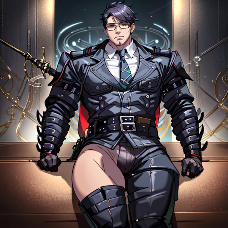 1boy, 16~20 years old, male focus, muscular male, nsfw, 3D, realistic, indoor, normal hue, central, golden ratio, sitting on the leather couch, sharp-featured body, tall, burly, highres, slender build, perfect anatomy, skin texture, thick dark buzzcut hair, see-through bangs, shallow eyebrow, symmetrical eyebrow, large bright eyes, symmetrical eyes, square gold-rimmed glasses, big straight nose, closed mouth, double-edged polearm, broad shoulders, noble attire, bdominal stretch, tight-fitting, leather collar, stand-up collared shirt, necktie, waistcoat, open thickened glossy dark leather jacket, six-pack abs, leather gloves, black trousers, leather belt, spreading long thin legs, large erect penis over 10 inches length and 3 inches width, erection, large scrotum with testicles, masturbation, high-heeled leather boots, soft smile, handsome, powerful, from front, looking ahead at viewer, day, masterpiece, best quality, hyper-detailed, intricate detail, professional photography, matte, bright, the most beautiful ever seen, post processing, dreamatic lighting, ambient lighting, epic composition, ultrawide shot, uplight, raytracing reflections, depth of field, gorgeous background