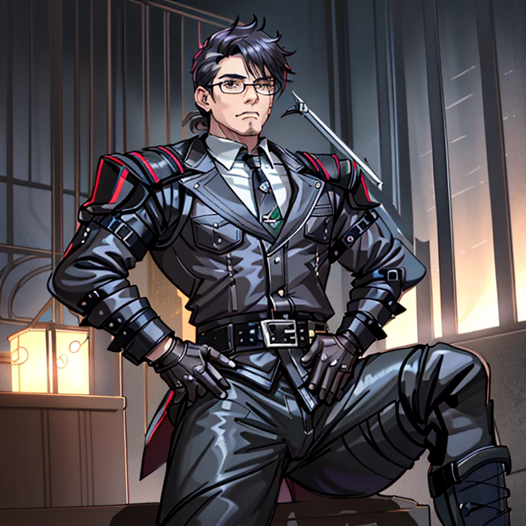 1boy, 16~20 years old, male focus, muscular male, nsfw, 3D, realistic, indoor, normal hue, central, golden ratio, sitting on the leather couch, sharp-featured body, tall, burly, highres, slender build, perfect anatomy, skin texture, thick dark buzzcut hair, see-through bangs, shallow eyebrow, symmetrical eyebrow, large bright eyes, symmetrical eyes, square gold-rimmed glasses, big straight nose, closed mouth, double-edged polearm, broad shoulders, noble attire, bdominal stretch, tight-fitting, leather collar, stand-up collared shirt, necktie, waistcoat, open thickened glossy dark leather jacket, six-pack abs, leather gloves, black trousers, leather belt, spreading long thin legs, large erect penis over 10 inches length and 3 inches width, erection, large scrotum with testicles, masturbation, high-heeled leather boots, soft smile, handsome, powerful, from front, looking ahead at viewer, day, masterpiece, best quality, hyper-detailed, intricate detail, professional photography, matte, bright, the most beautiful ever seen, post processing, dreamatic lighting, ambient lighting, epic composition, ultrawide shot, uplight, raytracing reflections, depth of field, gorgeous background
