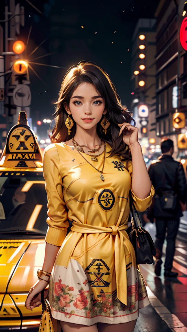 wearing Big floral mini dress、Long straight hair_Hair reaching down to the waist、gold necklace_Large earrings、shy smile、((at the intersection_Call a taxi:1.4))、