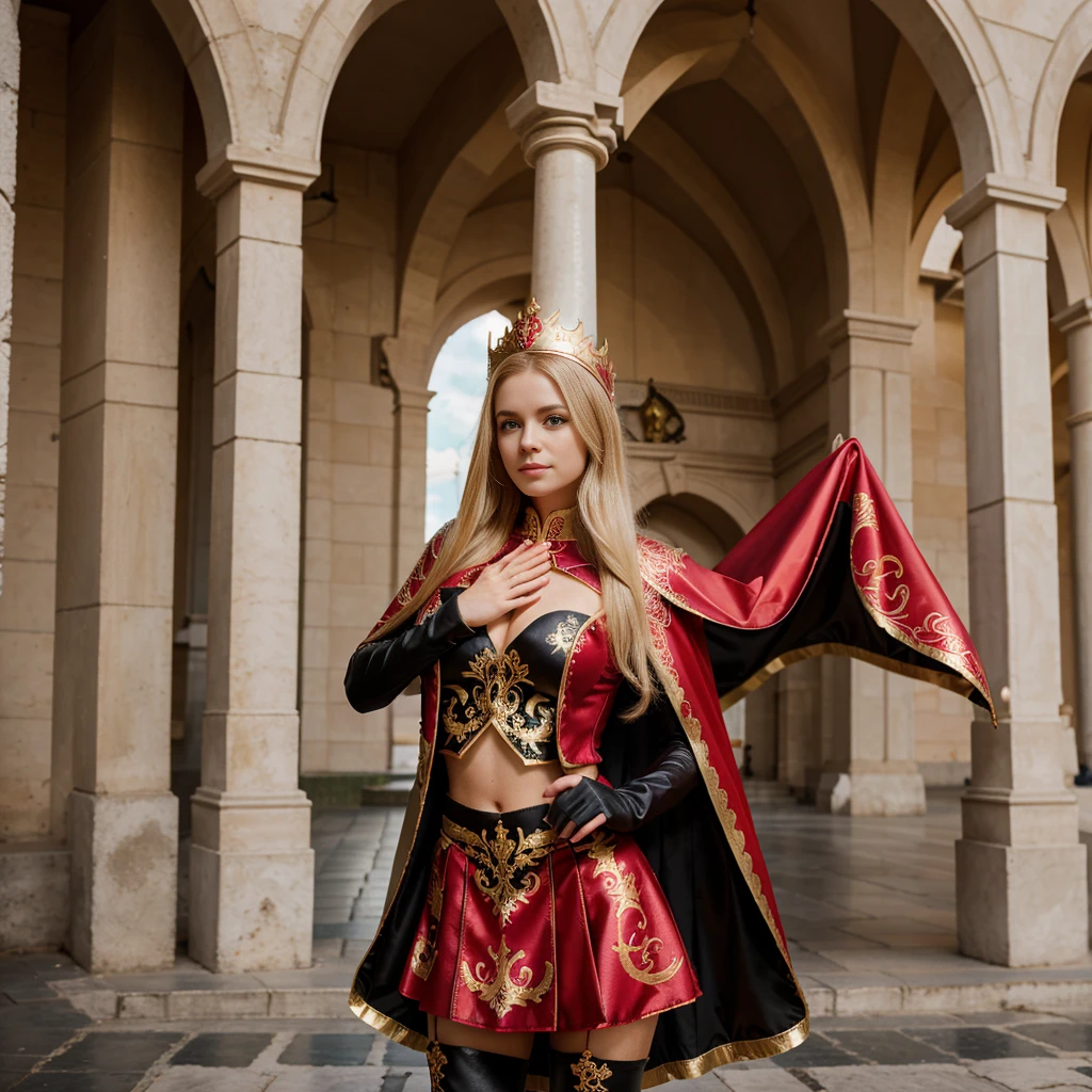 a girl posing for a photo wearing a religious Diablada costume, dressed in a red jacket with black gold and avocado decorations, a red flowered cape with a printed dragon, a short skirt adorned with gold designs, sensual legs, high boots according to the outfit, perfect ass. long blonde hair, blue eyes, pale white woman. long white gloves (elegant). dynamic pose. Image of fountains of a Chapel. town of Tirana-Chile.