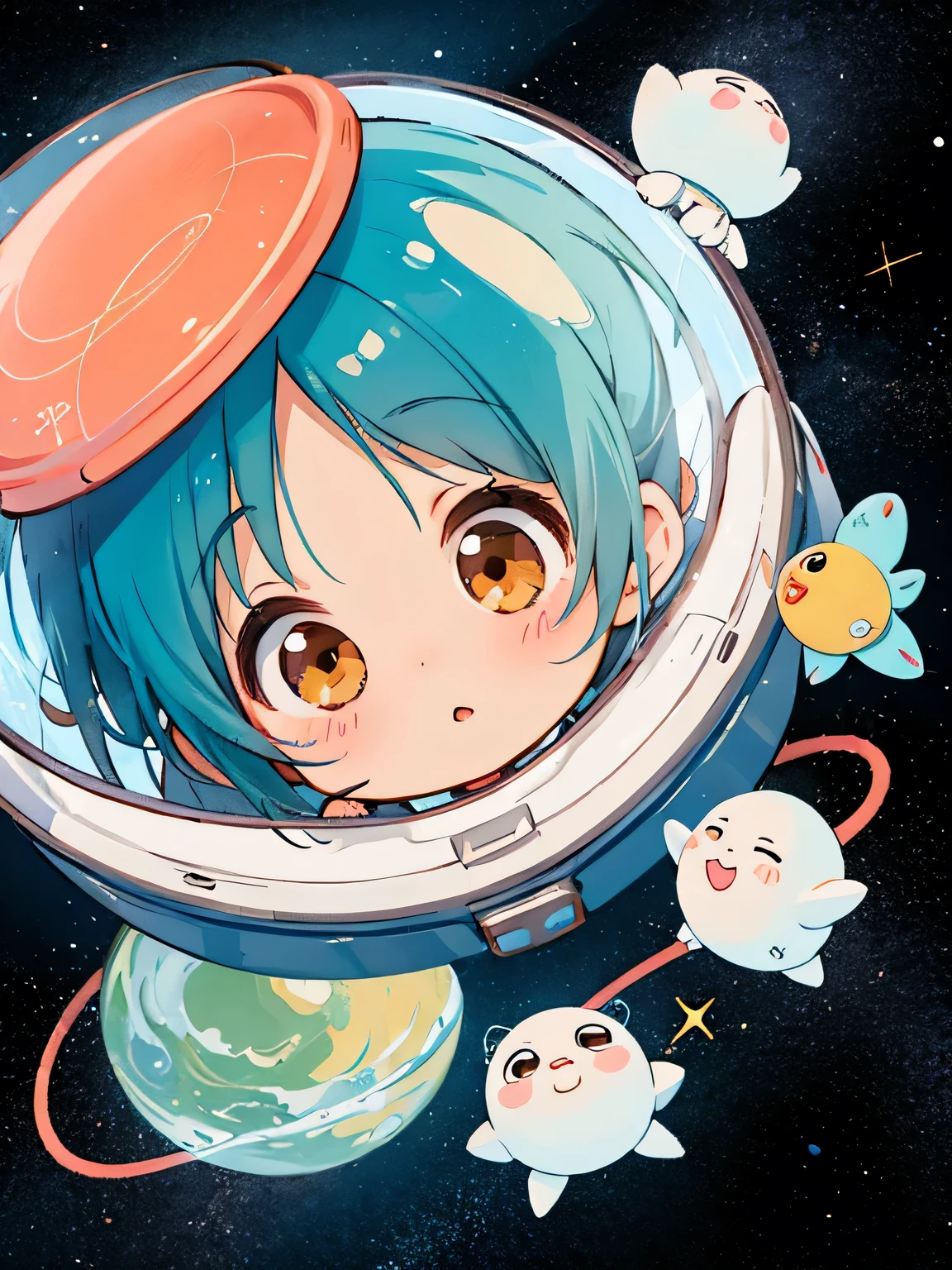 Hayao Mayazaki style, Kawaii Design, The most beautiful girl of all time、Chibi, Cute Aliens, Space Travel