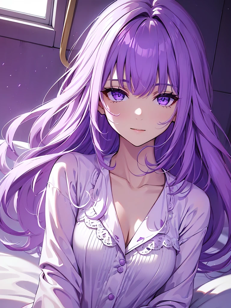 1women, wearing a cute white colour pajamas at morning bed, dark purple color medium length hair, light purple colour eyes, 8k, high detailed, high quality
