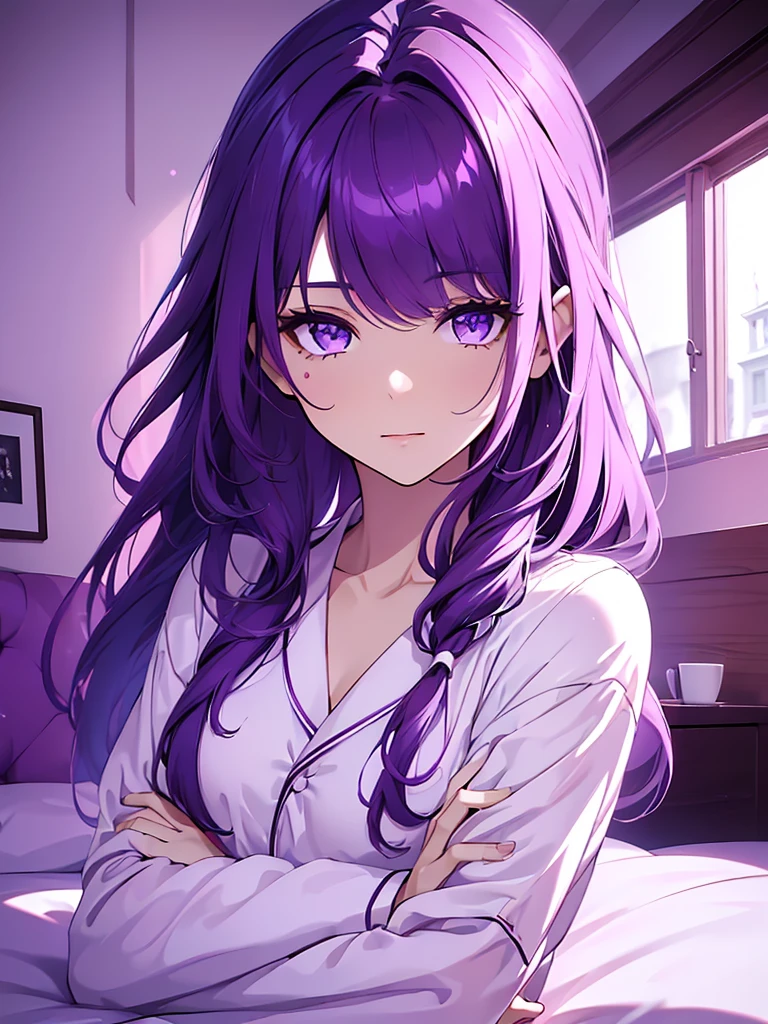 1women, wearing a cute white colour pajamas at morning bed, dark purple color medium length hair, light purple colour eyes, 8k, high detailed, high quality
