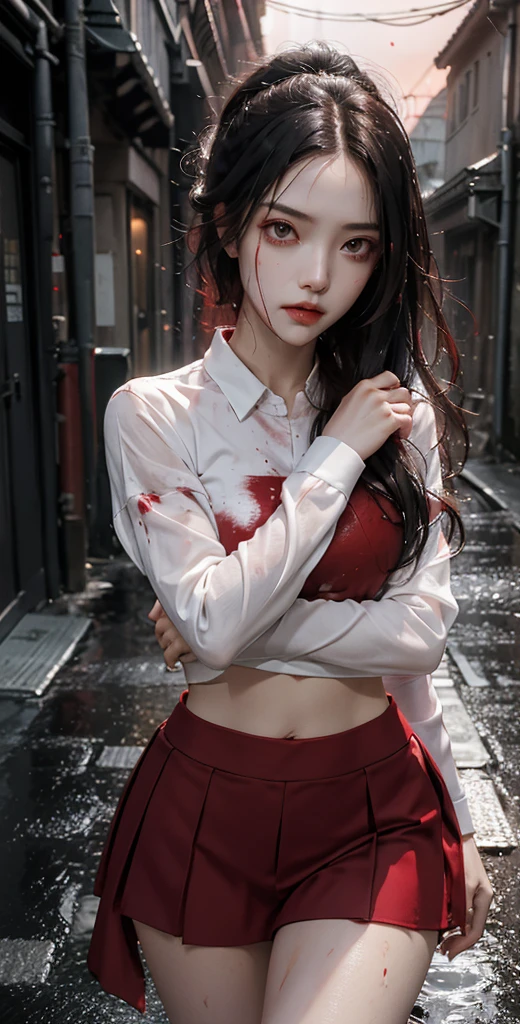 masterpiece, best quality, looking at viewer, facing viewer, bare legs, 1girl, solo, upper body, bow, serafuku, disgusted face, night time, heavy rain, outdoors, city, crop top, navel, wet clothes, drenched, overly long sleeves, hands in sleeves, blood tears, blood marks, dark alleyway, blood splattered on the ground, red bright light, glowing eyes, depth of field,holding a knife,red sky, atmofer,perfect hands