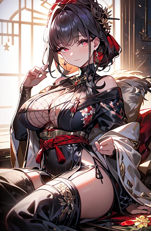 (((Masterpiece))),(((Super Detail))),(((in 8K))),(((best composition))),(((Rim lighting,Fireglow effect,deep shadow))),solo),Beautiful fingers,Detailed finger features,(Detailed hair features:1.7),(Dynamic and sexy bending pose:1.3),detailed facial features,detailed clothes features, (perky chest:1.1), (pointed chest:1.3), delicate beautiful face, Bright blue eyes, cute eyes, sparkling eyes, Big eyes, beautiful detailed eyes,double bun with glittering hair ornament:0.6,(super detailed glossy skin:1.3),slender body,goddess smile,((with sparkling eyes and a contagious smile)),beautiful posture,have a cup of coffee,black hair, red eyes, dress, bare shoulders, jewelry, collarbone, sidelocks, hairband, earrings, indoors, off shoulder, sweater, arms behind back, plant, short hair with long locks, white hairband, off-shoulder dress, sweater dress, off-shoulder sweater, red sweater, big side hair, very long side hair,(super delicate floral pattern:1.2),seductive cleavage:1.3,beautiful glossy legs,shiny red high heels,lifting dishes with cakesd,french restaurant,hustle and bustle,rising steam,(((depth of fields)))