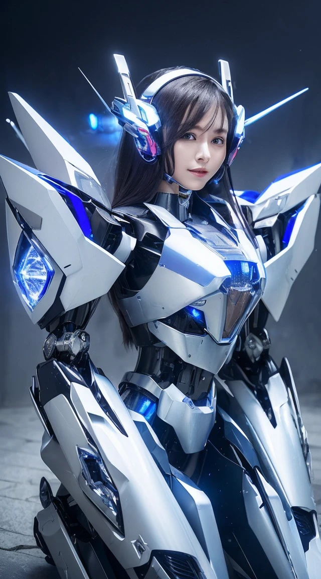 (Sit with one knee on the machine:1.6)、(Full body description:1.3)、((Shining lenses on both breasts:1.3))、((Blue pillars of light are emanating from both chests.:1.3))、smile、((8k)), ((32k)), ((highest quality)), ((masterpiece)), ((超A high resolution)), ((Tmasterpiece)), ((halo:1.4))、((Mechaニカルheadgear:1.2))、((Cyber headphones:1.3))、Fine skin, High quality fabric, Fine metal texture、((Beautiful and dense face))、RAW Photos、Professional, Ultra-fine painting, ((alone)), Beautiful breasts、highest quality, Very detailed, Very detailed詳細, Finer details, so beautiful, ((Princess Knight Robot:1.2)), (Joints of machines, Mechanical Limbs:1.3), (The internal structure of the machine is exposed:1.3), (Long silver hair:1.1), (Beautiful and huge mechanical breasts)、White Veil, cowboy_shot, Side Focus, headgear, Shiny、(Five Fingers, Four fingers and thumb),Concept Art, Anime fantasy artwork, Detailed fantasy art, (with pale blue-violet hair and large white wings,,,,,,,), (((Long silver hair))), (Mecha:1.6)、Sleek and intimidating design, ((Commander-in-Chief'arm)), (Perfect robot body)、純白と青紫armまたは, Symmetrical wings, 8K high quality, detailed art, 3D rendering of character art in 8K, neat legs, Defined, Defined fingers,
