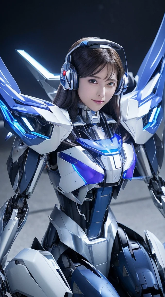 (Sit with one knee on the machine:1.6)、(Full body description:1.3)、((Shining lenses on both breasts:1.3))、((Blue pillars of light are emanating from both chests.:1.3))、smile、((8k)), ((32k)), ((highest quality)), ((masterpiece)), ((超A high resolution)), ((Tmasterpiece)), ((halo:1.4))、((Mechaニカルheadgear:1.2))、((Cyber headphones:1.3))、Fine skin, High quality fabric, Fine metal texture、((Beautiful and dense face))、RAW Photos、Professional, Ultra-fine painting, ((alone)), Beautiful breasts、highest quality, Very detailed, Very detailed詳細, Finer details, so beautiful, ((Princess Knight Robot:1.2)),  (Joints of machines, Mechanical Limbs:1.3), (The internal structure of the machine is exposed:1.3), (Long silver hair:1.1), (Beautiful and huge mechanical breasts)、White Veil, cowboy_shot, Side Focus, headgear, Shiny、(Five Fingers, Four fingers and thumb),Concept Art, Anime fantasy artwork, Detailed fantasy art, (with pale blue-violet hair and large white wings,,,,,,,), (((Long silver hair))), (Mecha:1.6)、Sleek and intimidating design, ((Commander-in-Chief&#39;arm)), (Perfect robot body)、純白と青紫armまたは, Symmetrical wings, 8K high quality, detailed art, 3D rendering of character art in 8K, neat legs, Defined, Defined fingers,
