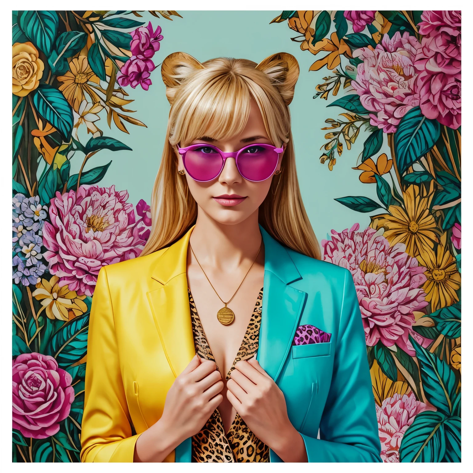 a blonde woman of 30 years old, a watercolor drawing of an elegant leopard in a bright floral jacket on a yellow background, double-breasted with wide lapels, with a pendant in the form of a fly, a shirt with narrow stripes of white and sky blue colors, round fuchsia maxi glasses, a pop art painting by Annabel Kidston, winner of the behance competition, naive art, maximalist., fauvism, pop art