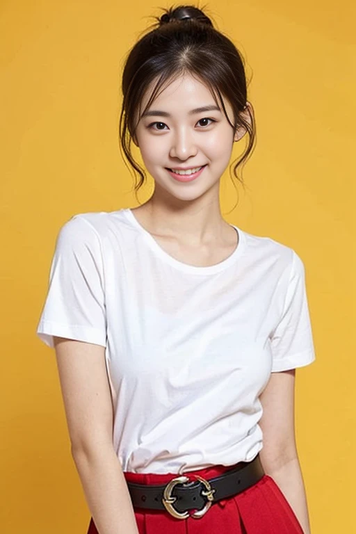 a gorgeous lady, age 22, white T-shirt and red skirt, black belt, dimpled smile, short ponytail hair, in a natural pose, photorealistic, beautiful detailed eyes, ample round bosom, hyper-realism, high contrast, ultra HD, realistic skin textures, top image quality, top-quality, super high resolution, fine details, very meticulously, simple yellow background