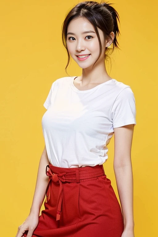 a gorgeous lady, age 22, white T-shirt and red skirt, black belt, dimpled smile, short ponytail hair, in a natural pose, photorealistic, beautiful detailed eyes, ample round bosom, hyper-realism, high contrast, ultra HD, realistic skin textures, top image quality, top-quality, super high resolution, fine details, very meticulously, simple yellow background